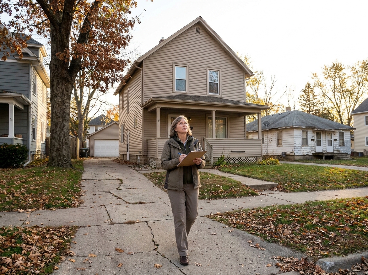 Property manager conducting an exterior inspection on a single-family home.