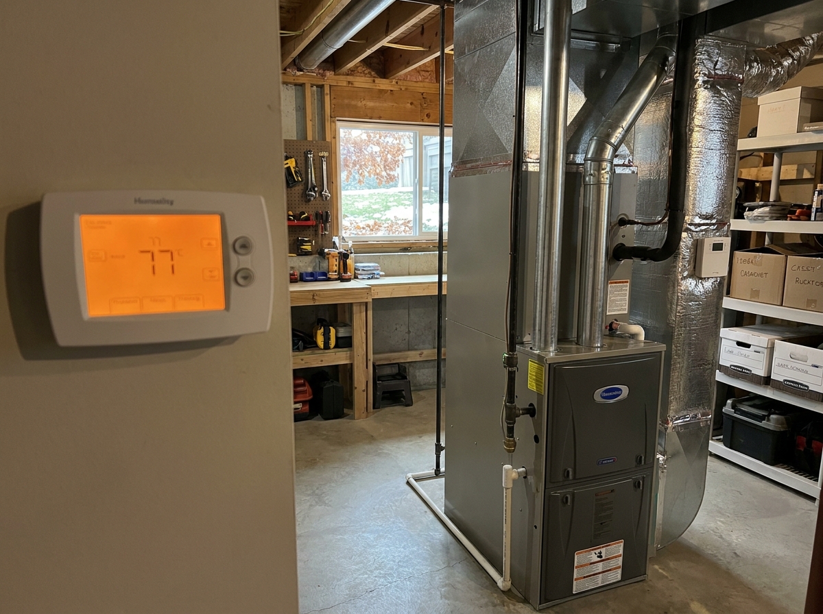 Residential heating thermostat and furnace in a Wisconsin rental property basement.