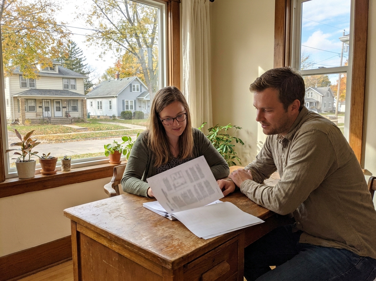 Property manager reviewing real estate management documents with an owner.